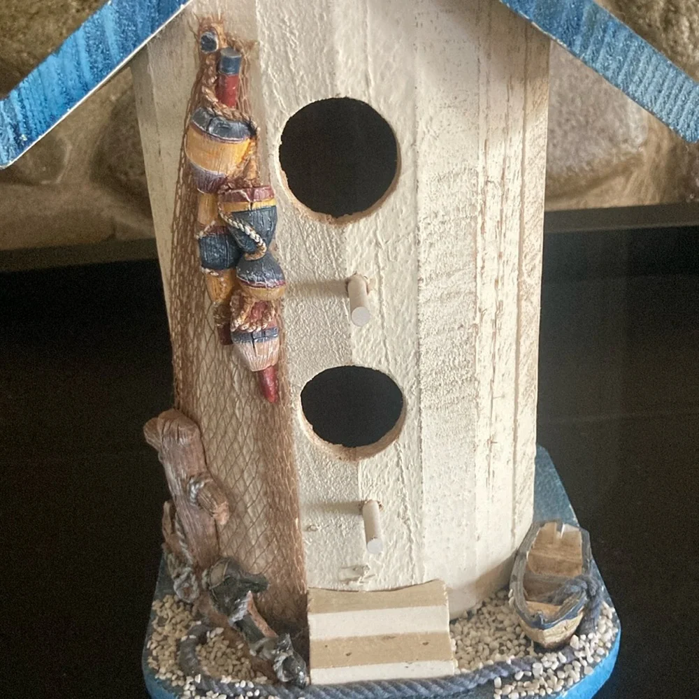 Blue and White Decorative Birdhouse with Seagull Decor